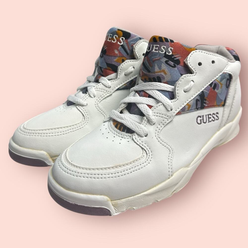 Vtg Guess Athletic Graffiti Sneakers Shoes Womens 8 White RARE 90s Mid High Box